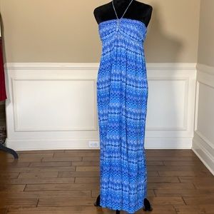 LO Posh Blue Printed Tie at Neck Maxi Dress Size L